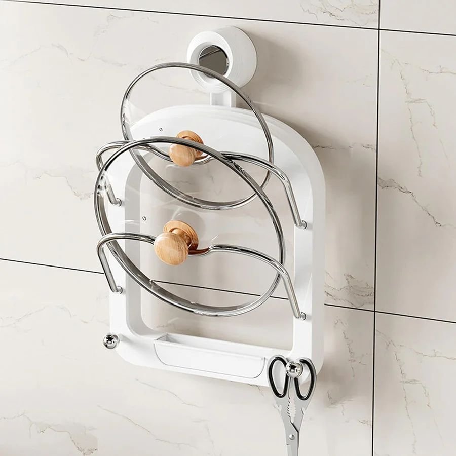 Suction Cup Pot Lid Holder, Wall Mounted Pan Cover Stand Organizer, Multi- Layer Chopping Board Holder - Image 4